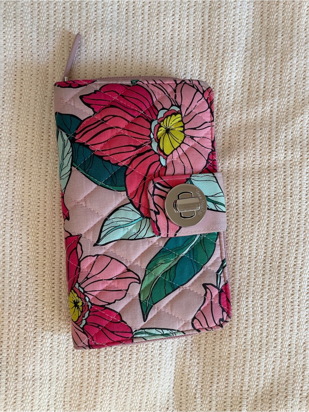 Vera Bradley Pink Floral Quilted Wallet with Teal Leaves